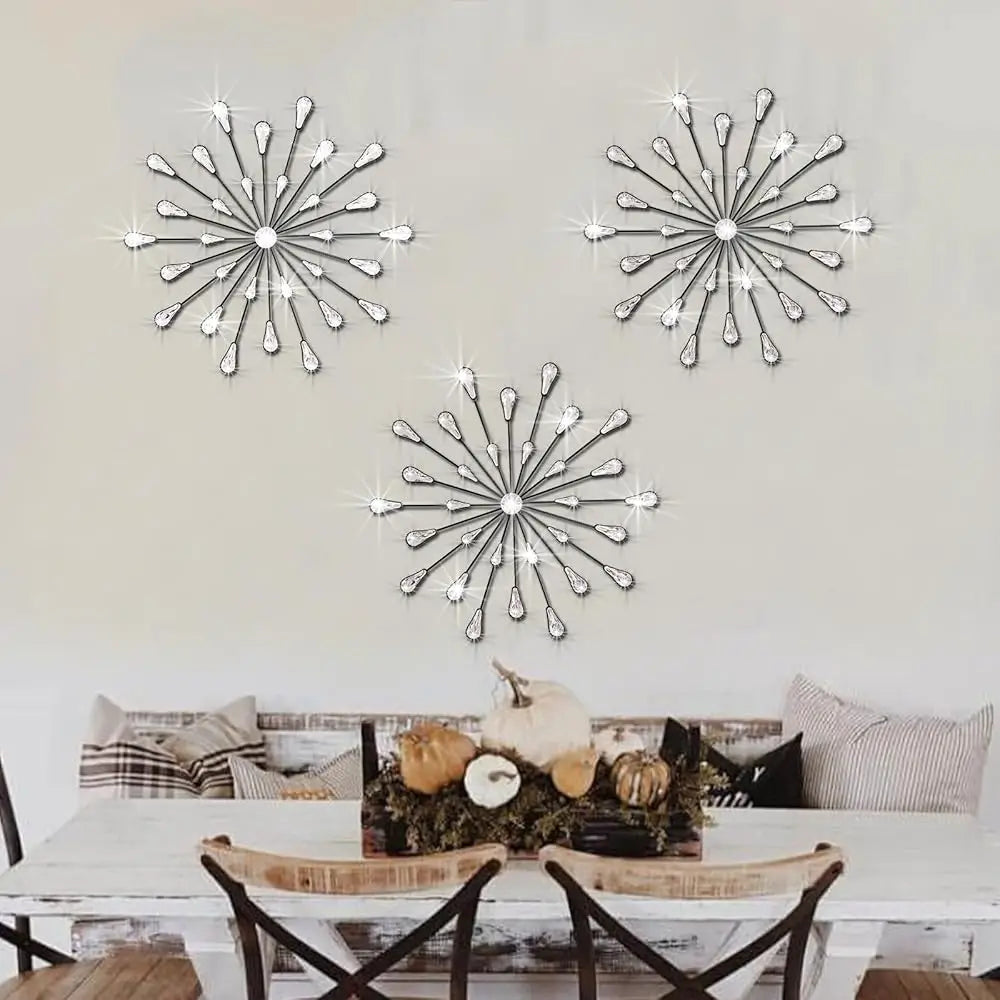 Crystal Home Décor Rhinestone Sun Star Wall Hanging Diamond Accents 18x18. 3 Set Metal Jeweled Wall Art Bling