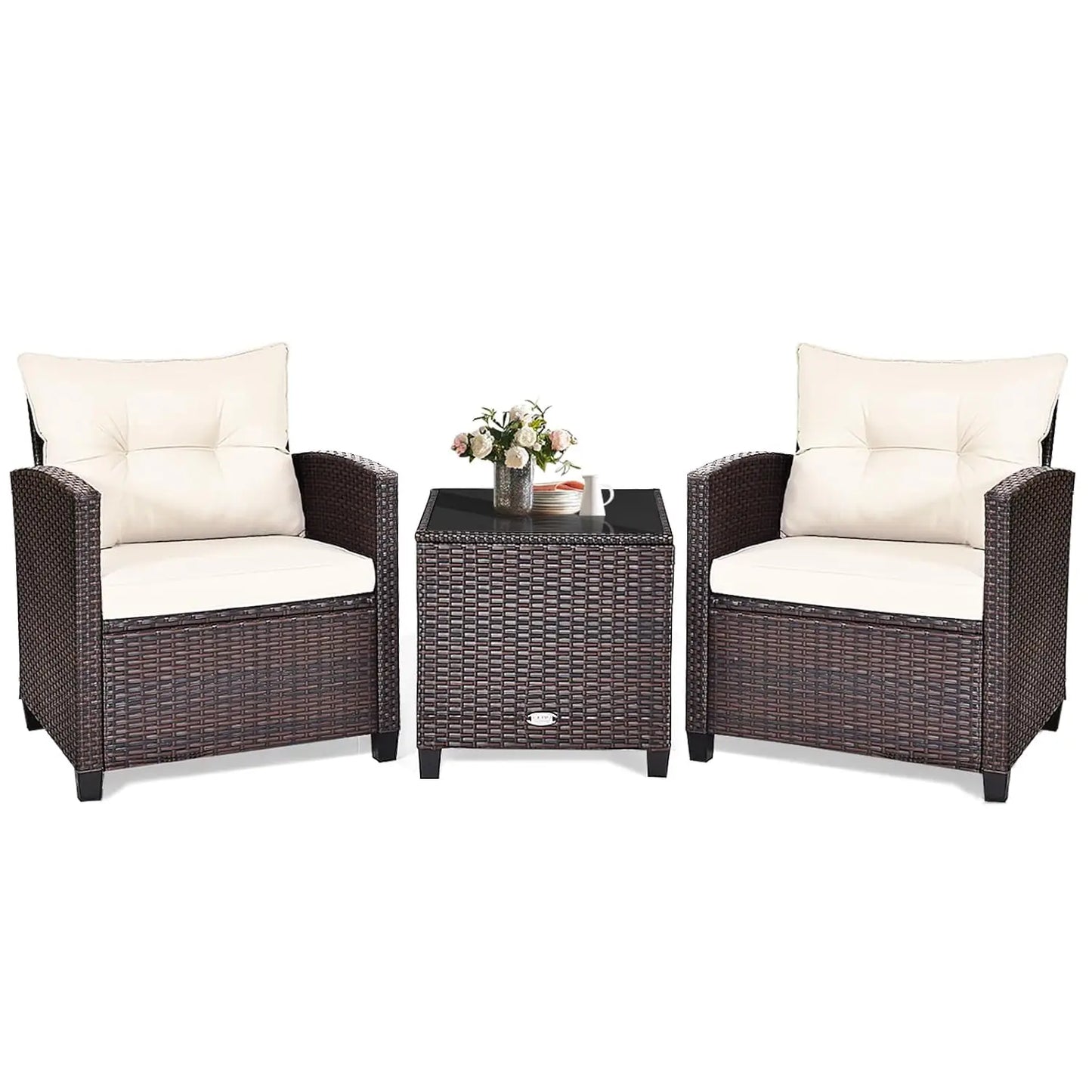 3‑Piece PE Rattan Patio Furniture Set – Outdoor Chairs with Washable Cushions & Tempered Glass Table (Multiple Colors)
