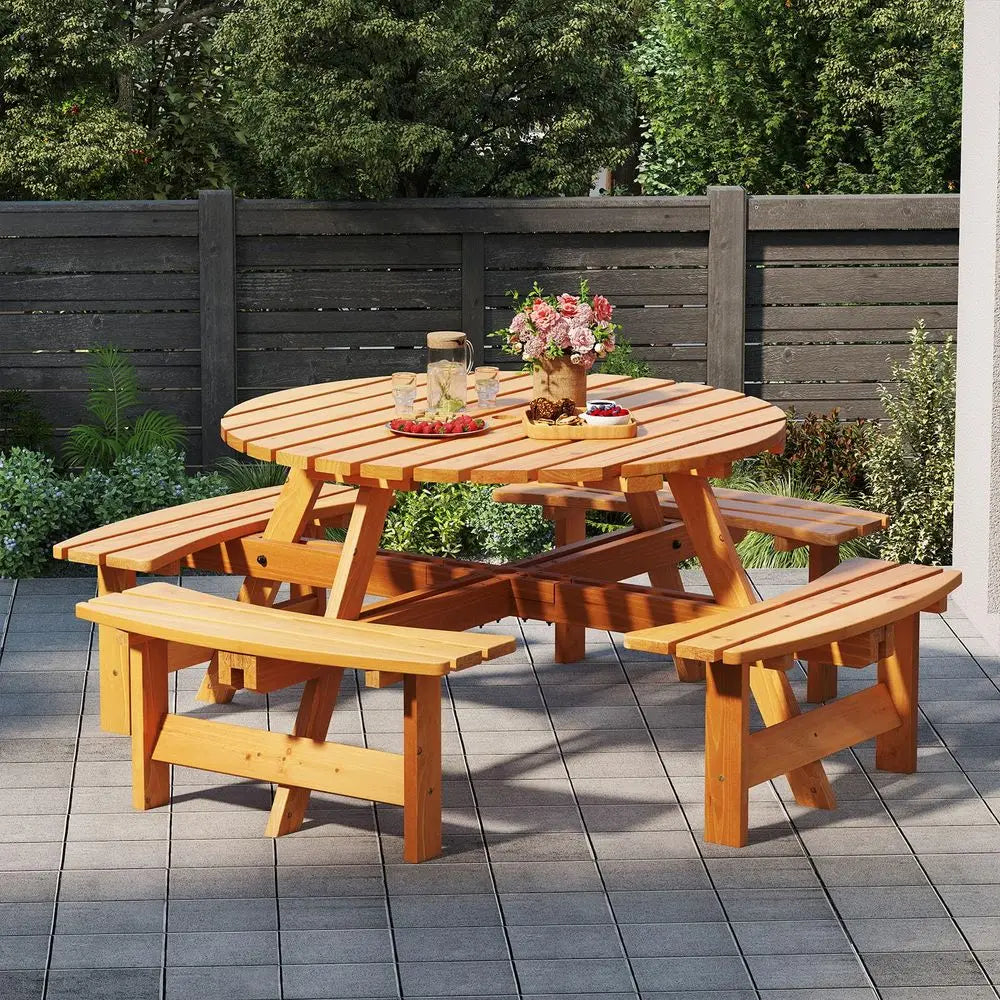 8‑Person Wood Picnic Table – Outdoor Round Table with 4 Built‑In Benches & Umbrella Hole