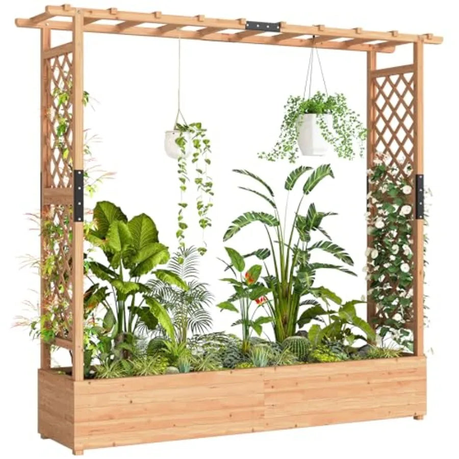 Raised Garden Bed with Trellis, Wooden Planter Box with Hanging Roof and Drainage Holes