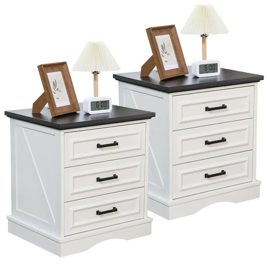 Farmhouse Nightstand Set of 2 – Wood Bedside Tables with Charging Station and 2 or 3 Drawers