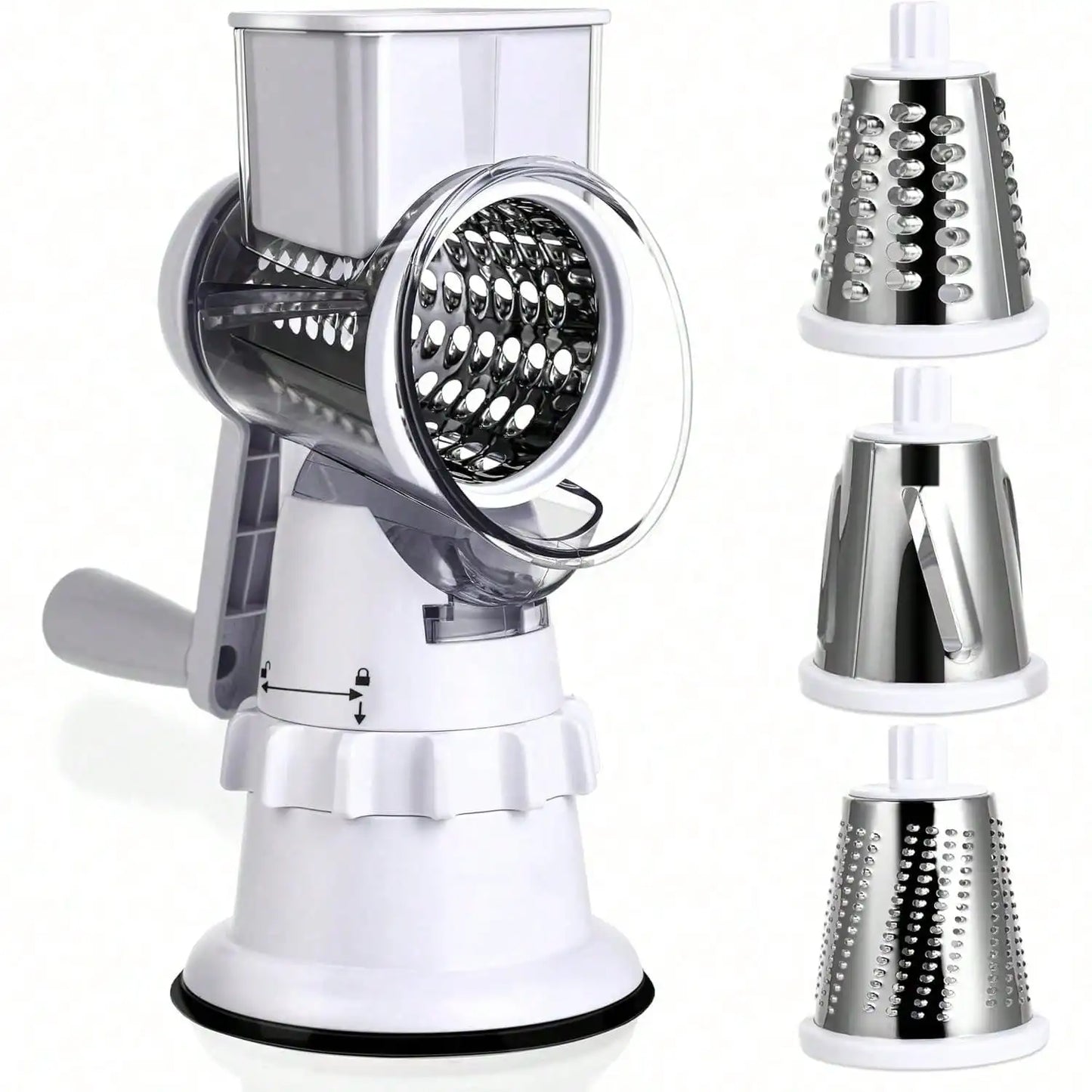 Rotary Cheese Grater Hand Crank - Vegetable Slicer with 3 Stainless Steel Blades
