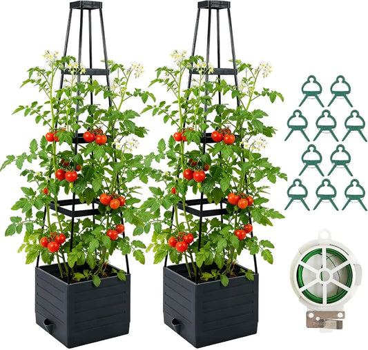 57" Self‑Watering Raised Garden Bed Set (2‑Pack) – Planter Boxes with Trellis for Tomatoes, Vines & Flowers