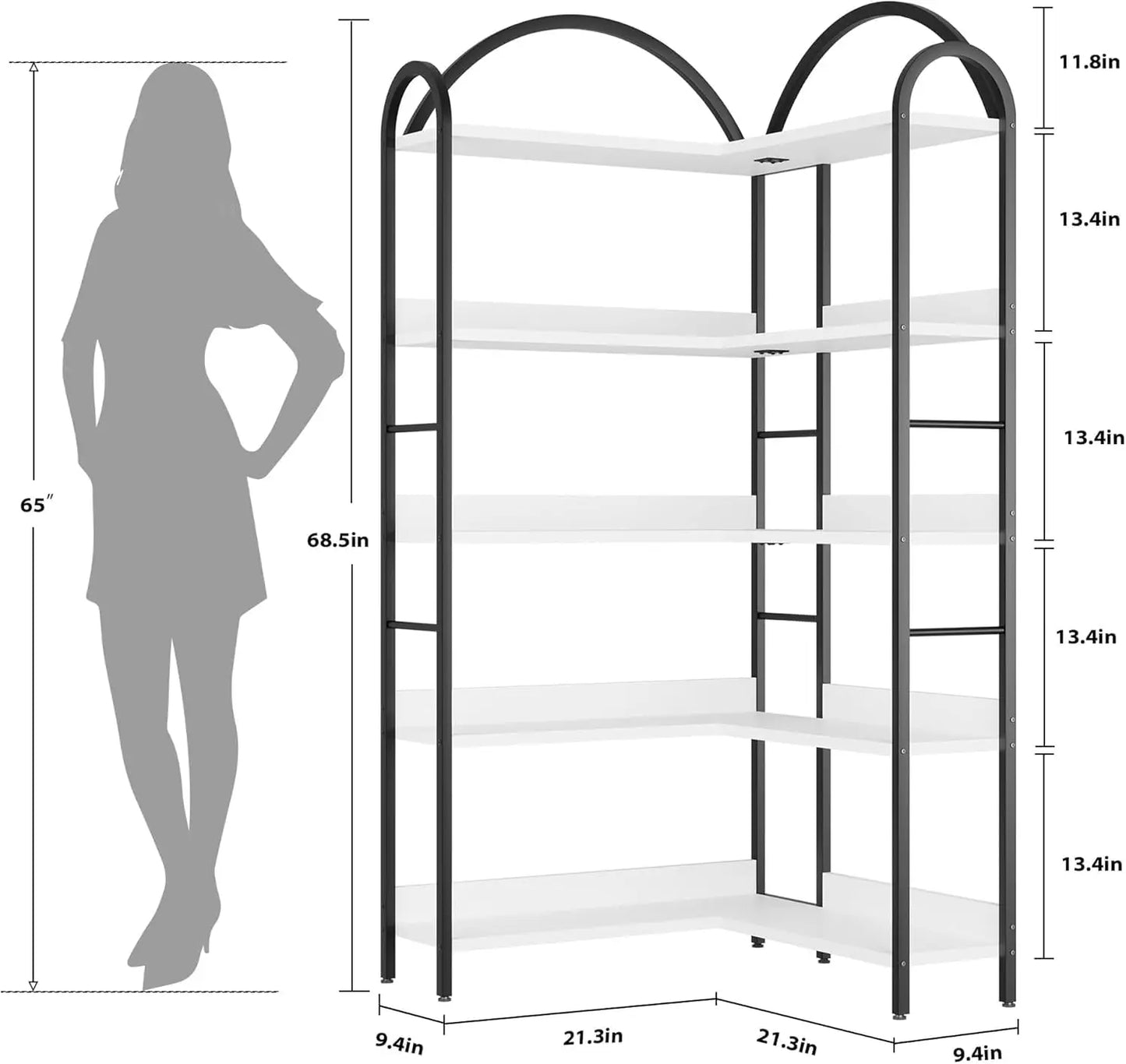 5-Tier Arched L-Shaped Corner Bookshelf | Industrial Storage & Display Rack