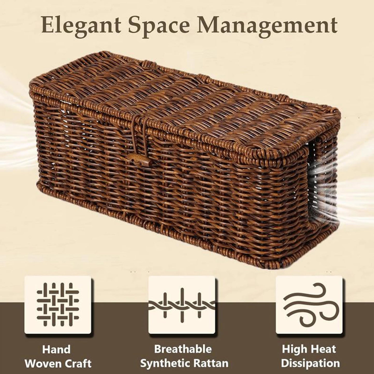 Handwoven Wicker Cable Organizer Basket with Lid Button Lock