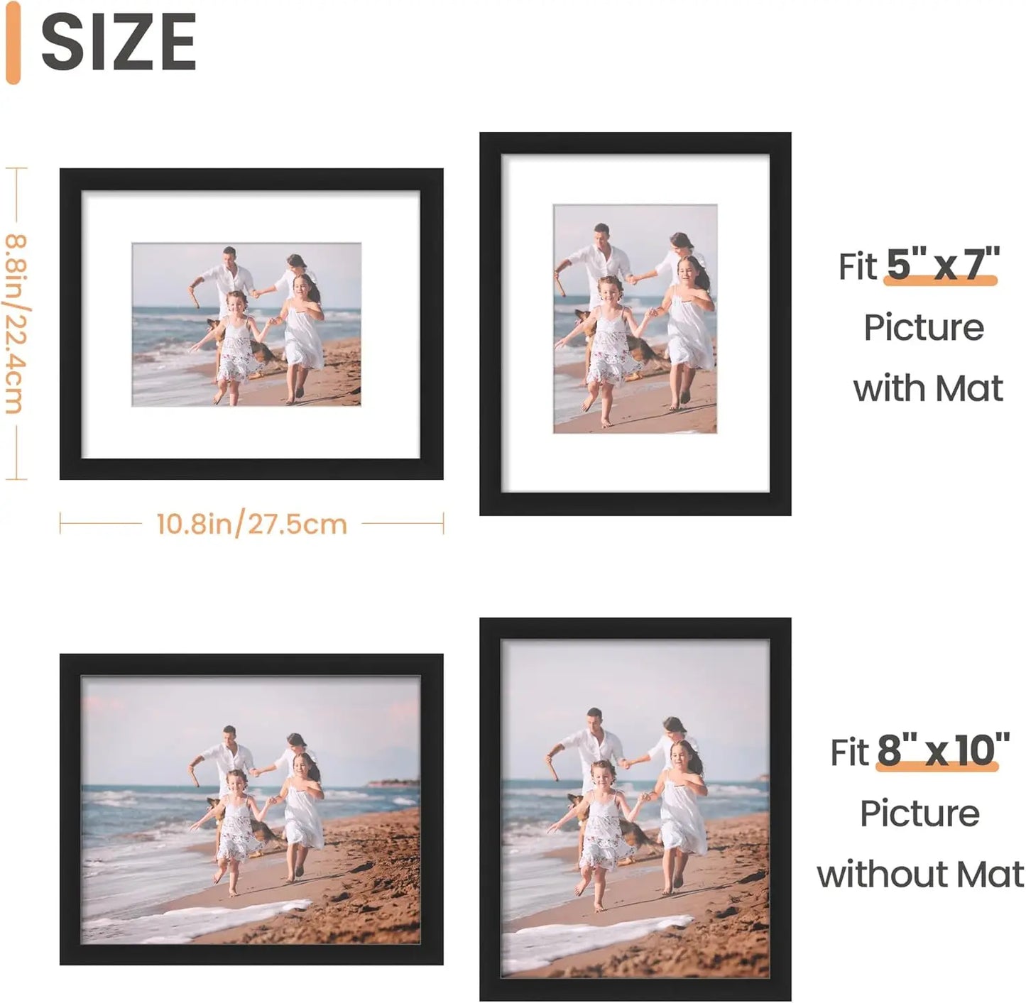 Set of 5 Black Picture Frames – 8×10 Display or 5×7 with Mat
