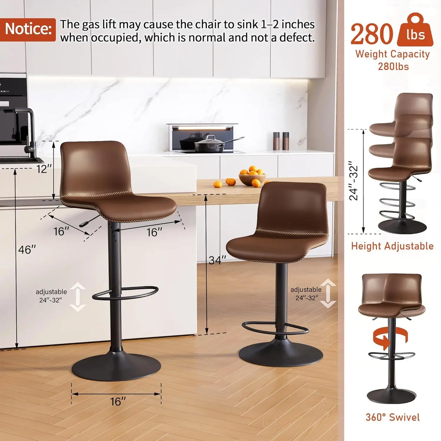 Swivel Bar Stools Set of 4, Adjustable Counter Height with Back, Brown Faux Leather (24' to 32')