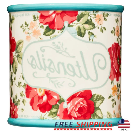 Vintage Floral Stoneware Utensil Holder – Large Kitchen Utensil Organizer with Teal Rim Decor