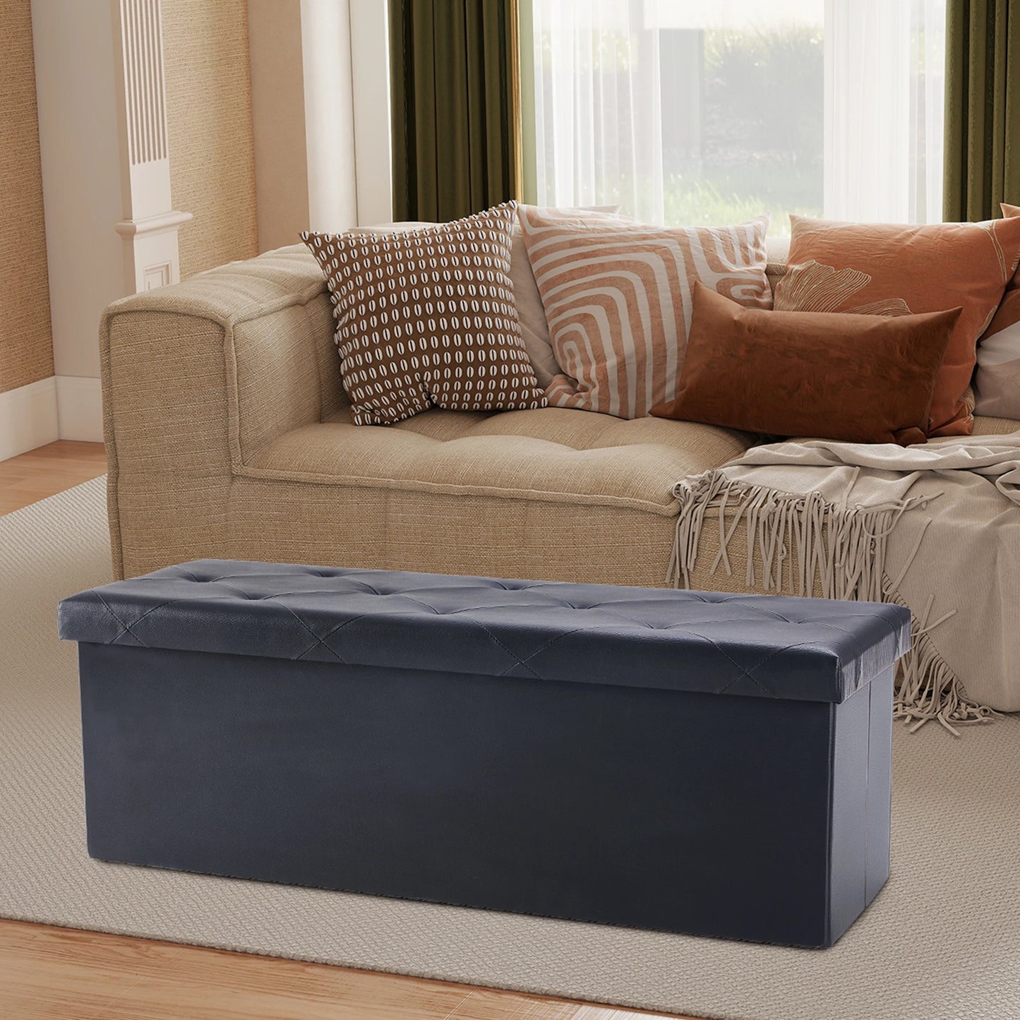 43" Leather Folding Ottoman – Storage Bench with Padded Seat