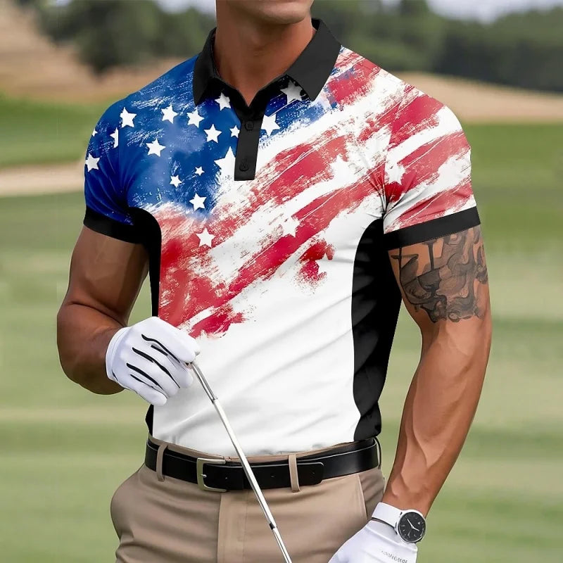 Men’s American Polo Shirt – Colorful Gradient Patriotic Short Sleeve Polo for Summer