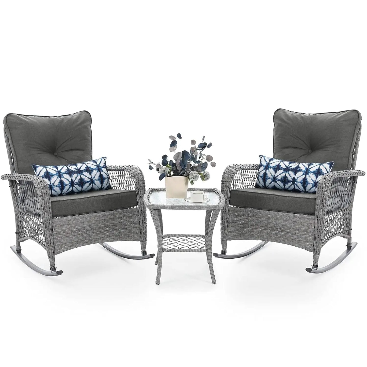 3‑Piece Outdoor Wicker Rocking Set – 4" Thick Cushions & Side Table for Porch, Balcony & Poolside