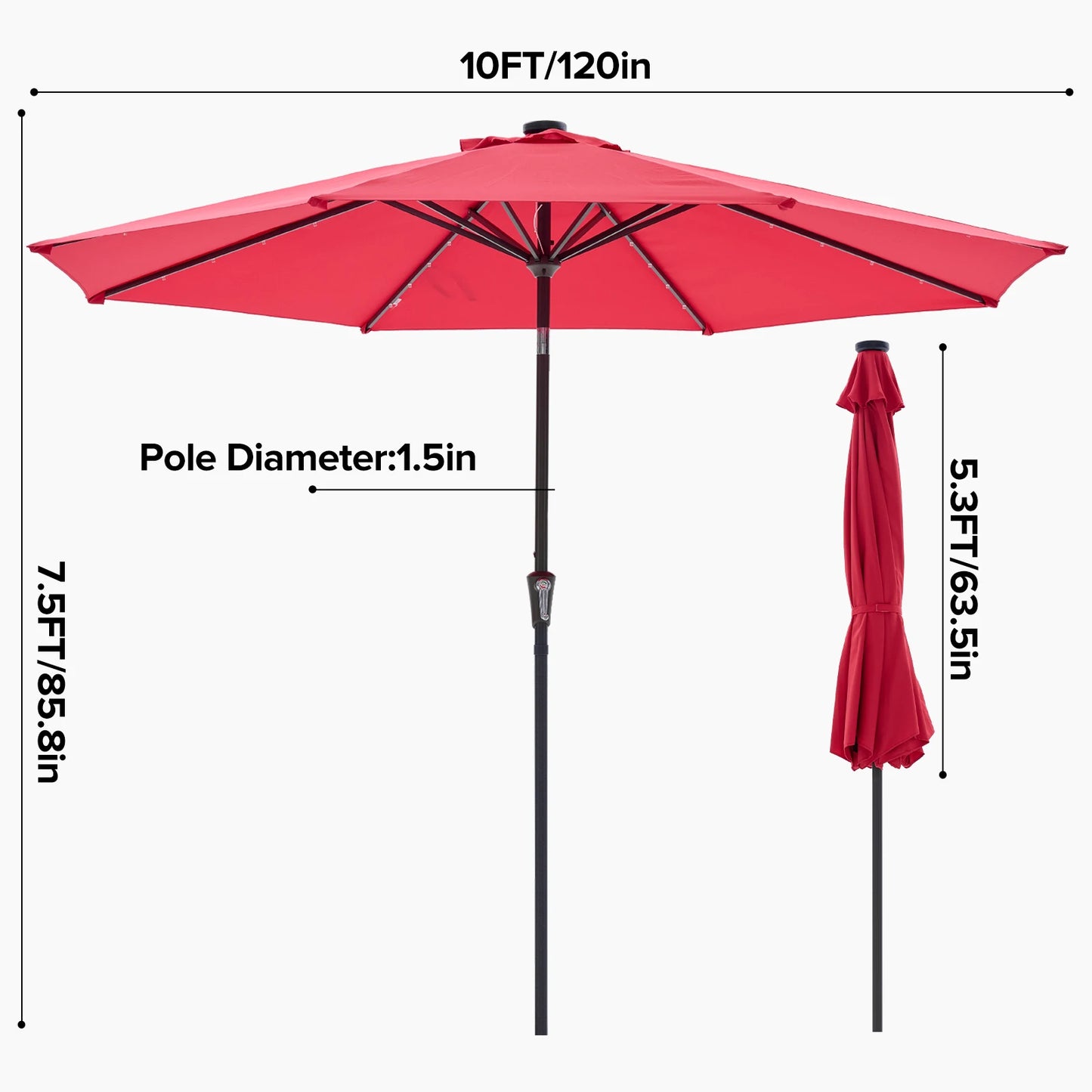10FT with 32 LED Lights Solar Patio Umbrella UV-Resistant Outdoor Table Umbrella with Tilt and Crank for Outdoor Backyard Garden