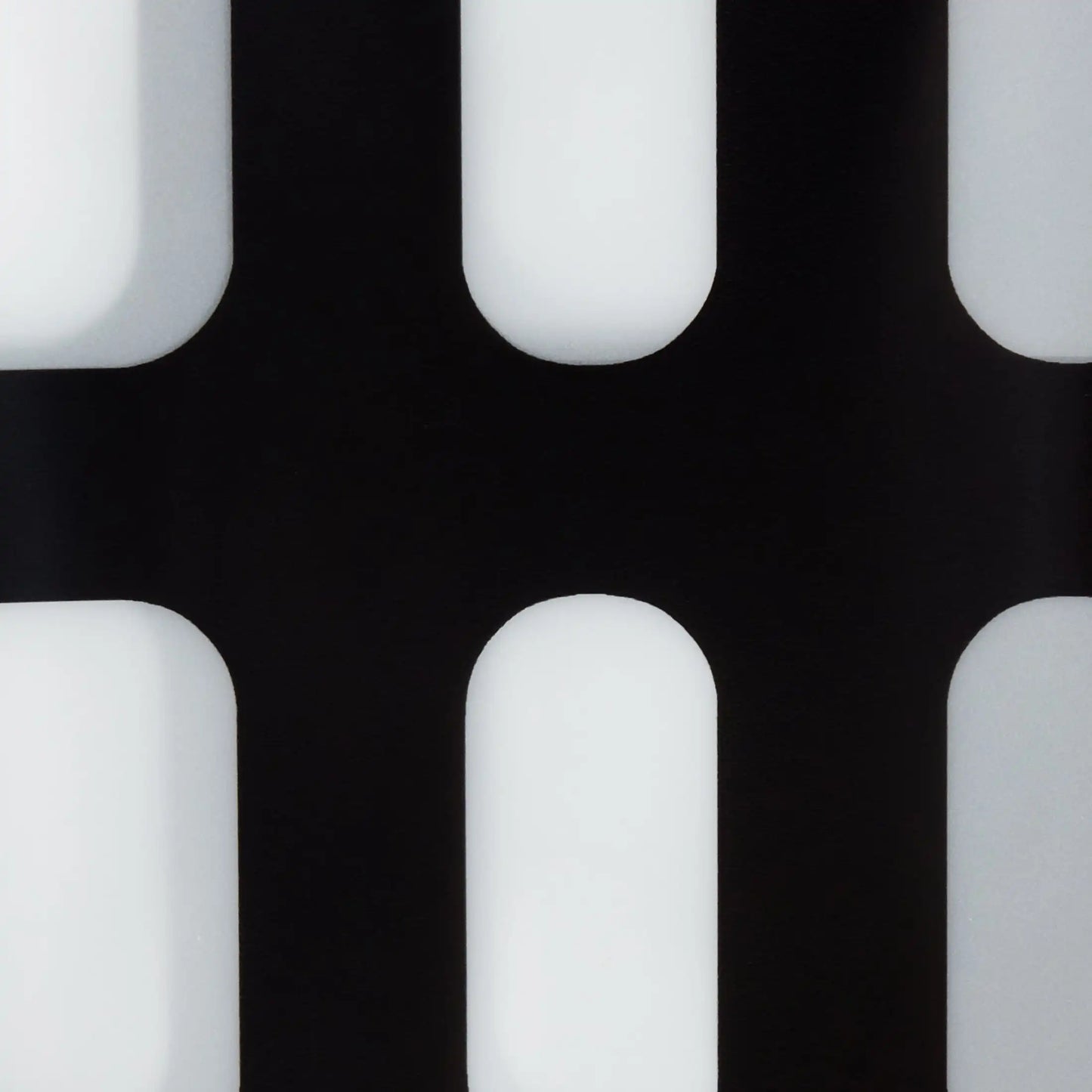 Black shower curtain, 70 inches x 72 inches, geometric design, frosted finish.