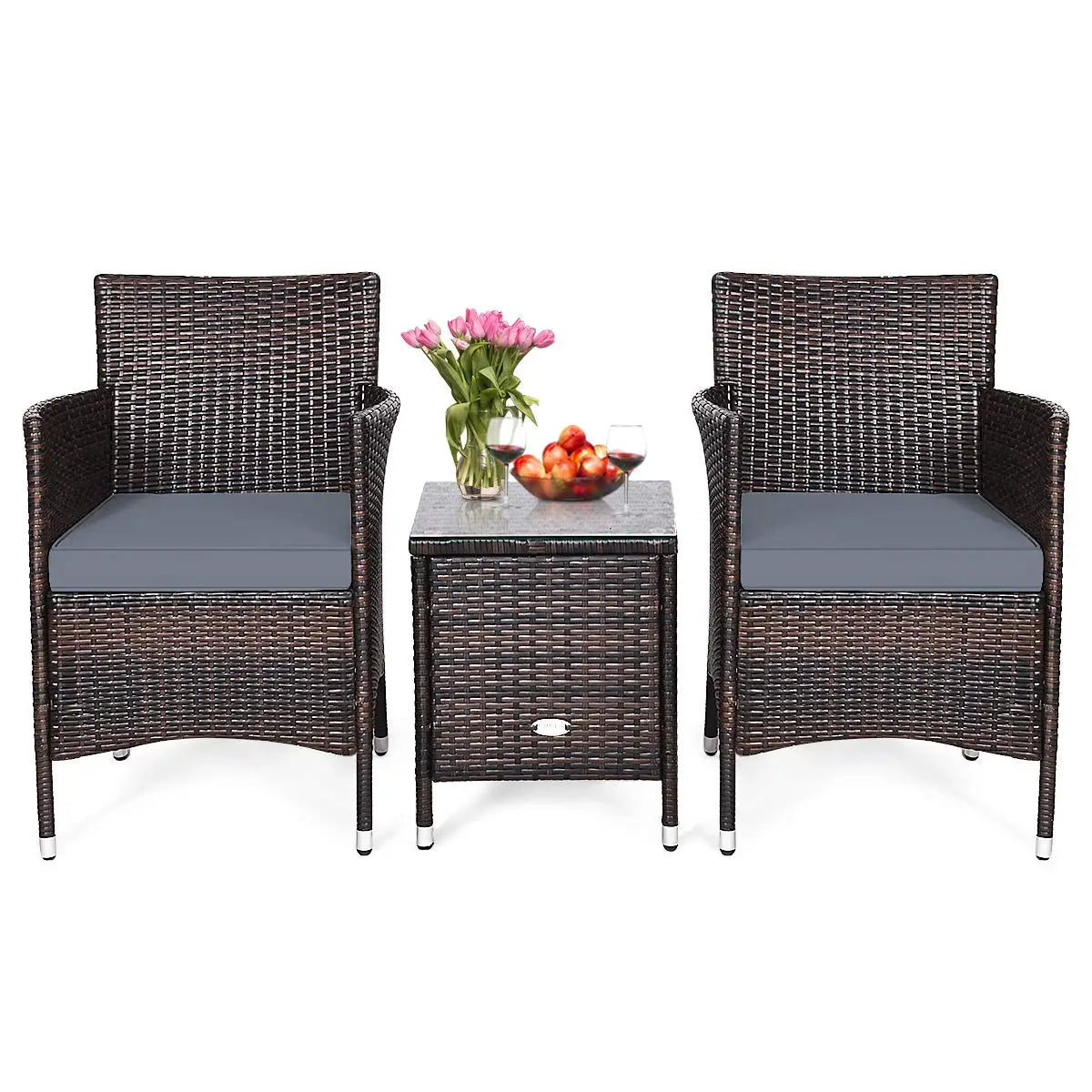 3‑Piece Patio Furniture Set – Wicker Rattan Chairs with Thick Cushions & Glass‑Top Coffee Table