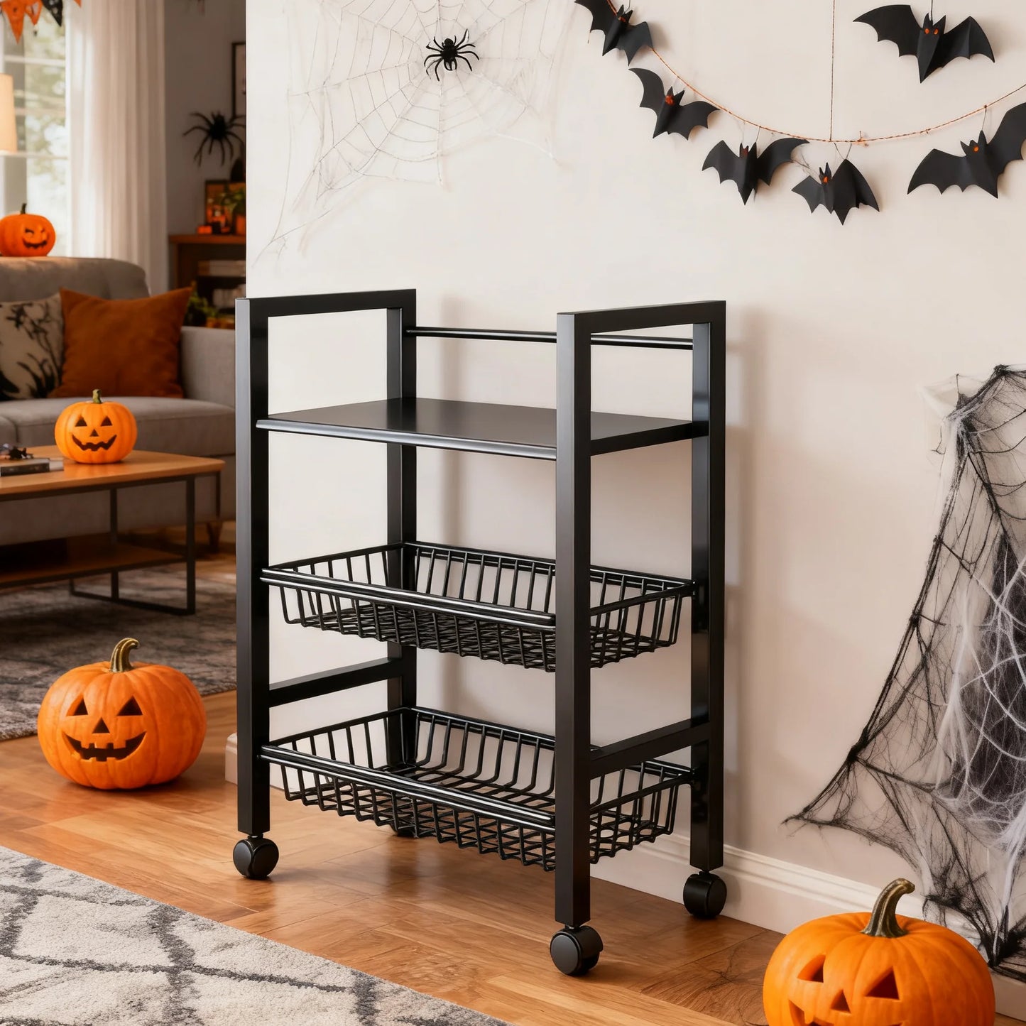 3‑Tier Mobile Kitchen Storage Rack – Adjustable Shelves with 2 Wire Baskets & Organizer
