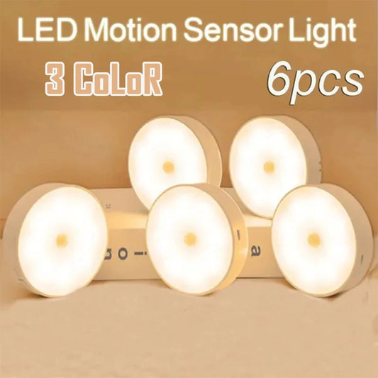 2~6 Pack Motion Sensor LED Night Light USB Rechargeable 3-Color Night Lamp, Cabinet, Wardrobe, Lamp, Staircase, Wireless Closet Light