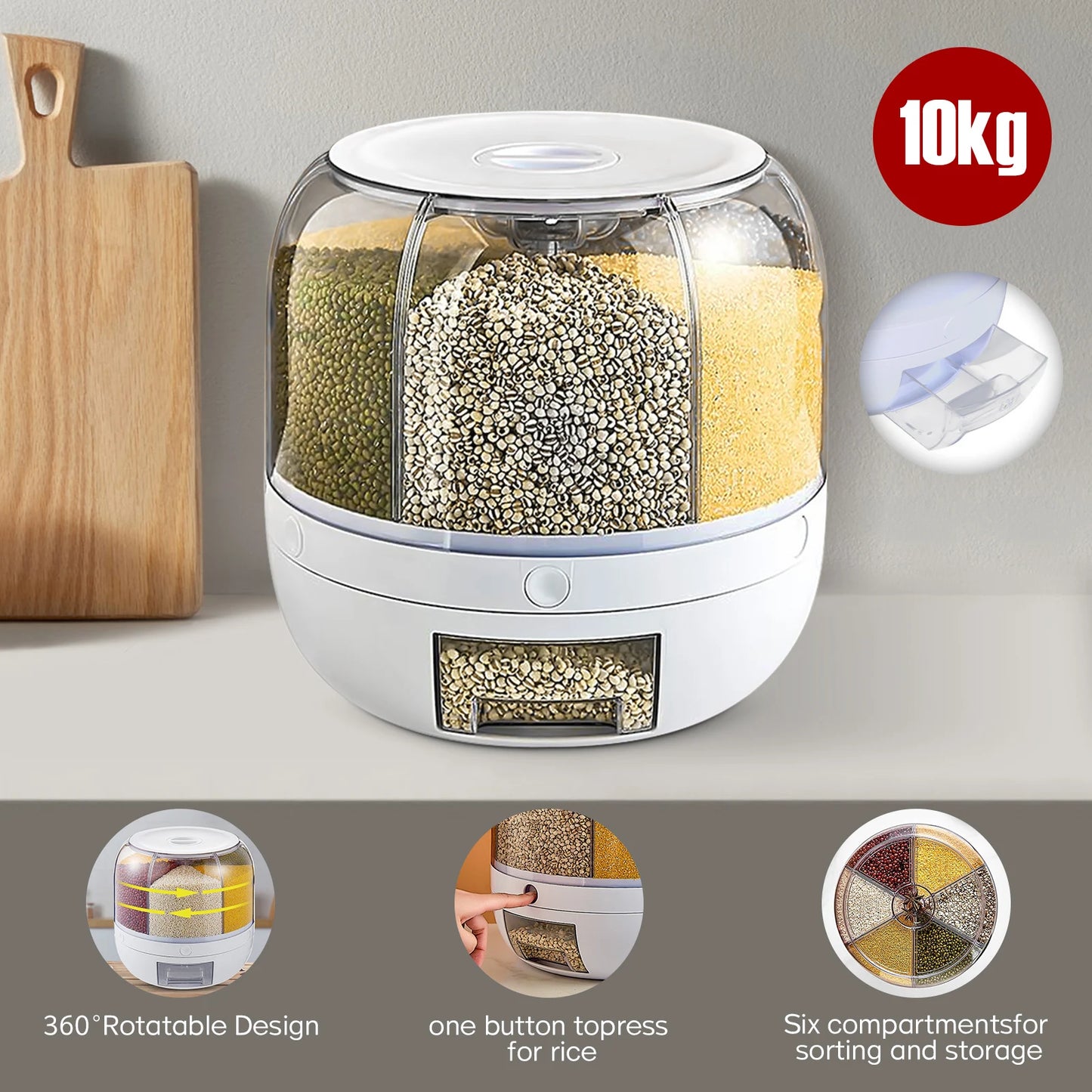 360° Rotatable 6-Grid Grain Dispenser—13lbs Capacity Food-Grade - Moisture-Proof for Rice & Beans in Kitchen