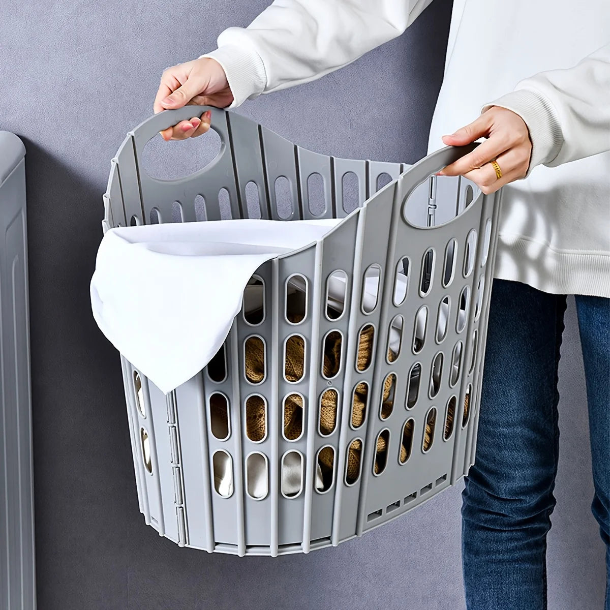 Foldable laundry basket with handle - durable plastic rectangular design, breathable and lightweight