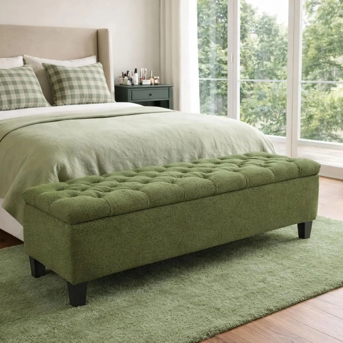 51.2'' Green Ottoman, Upholstered Bench with Wood Legs