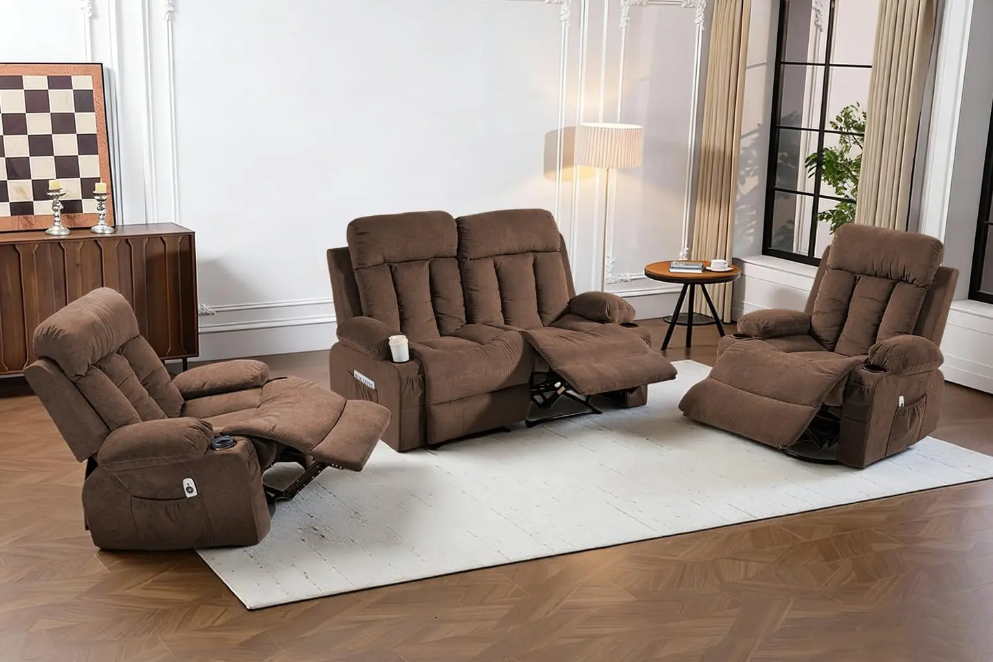 3‑Piece Manual Recliner Sofa Set – Sofa, Loveseat & Chair with Built‑In Cup Holders