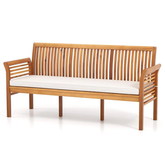 Wooden Outdoor Bench with Cushion Curved Armrest Slatted Back, 23x62.5x30.5,