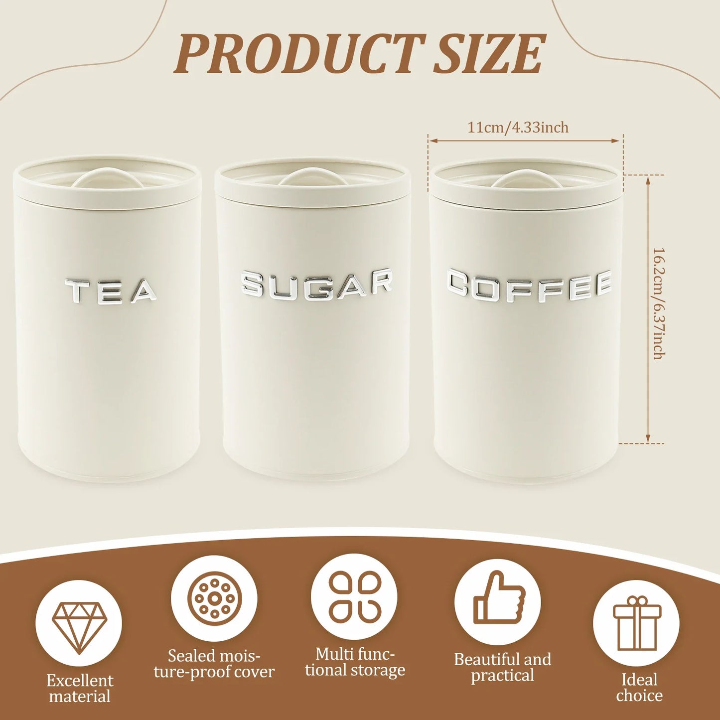 3‑Piece Tea, Coffee & Sugar Canister Set – Airtight Metal Kitchen Containers with Lids