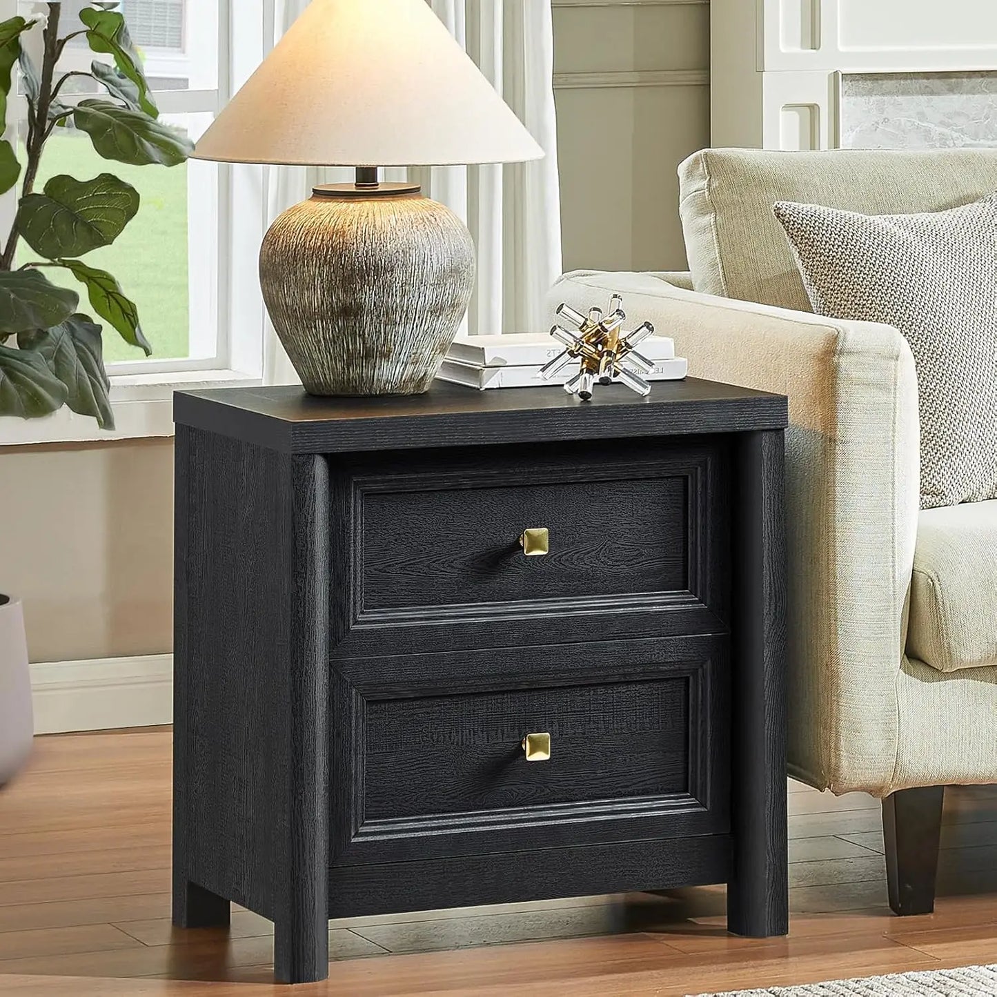 Bedroom Nightstand – Modern 2‑Drawer Side Table with Metal Hardware