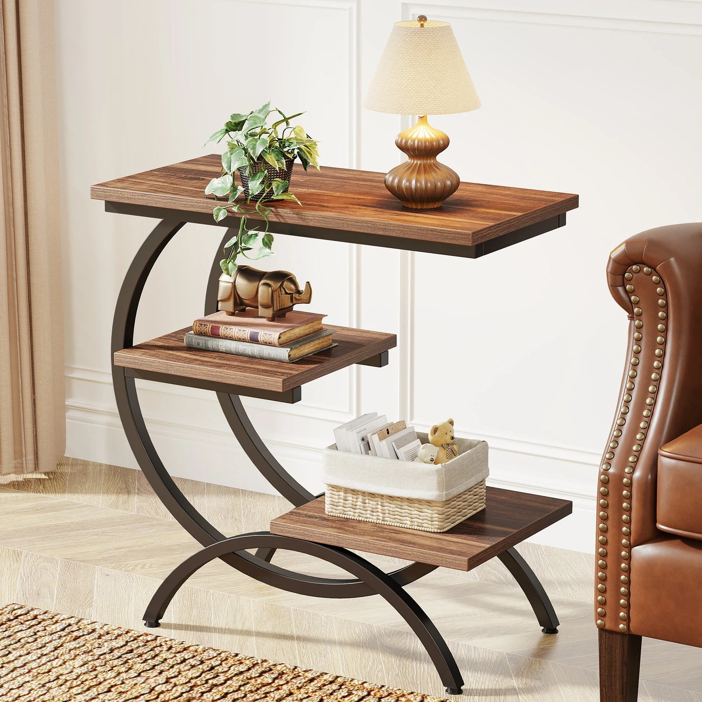 C-Shaped End Table, 3-Tier Small Table for Couch