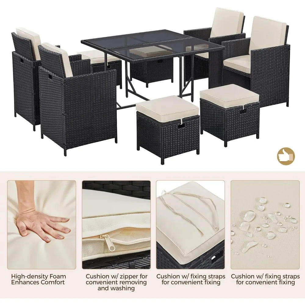 9‑Piece Patio Dining Set – Space‑Saving Rattan Chairs with Glass Table, Wicker Outdoor Conversation Furniture