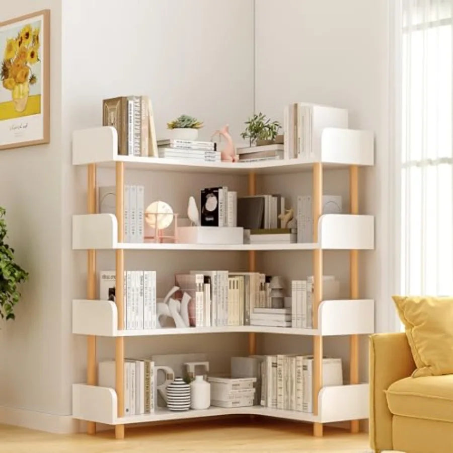 4-Tier Reversible L-Shaped Corner Bookshelf | Solid Wood Frame Display Case