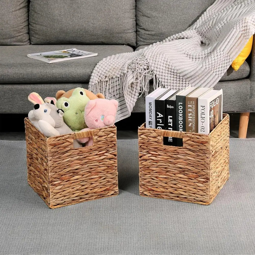 11x11in Wicker Storage Basket Set of 2 Collapsible Cube Storage Baskets, Storage Bins with Built-in Handles