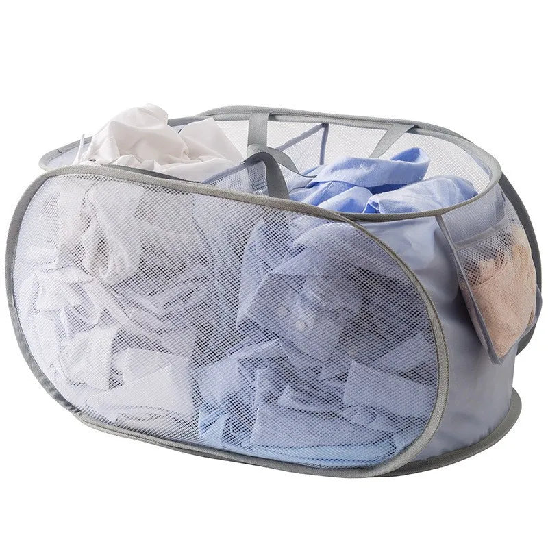 Durable Collapsible Laundry Basket, Mesh Pop Up Laundry Hamper With Side Pocket, Foldable Clothes Storage Hamper