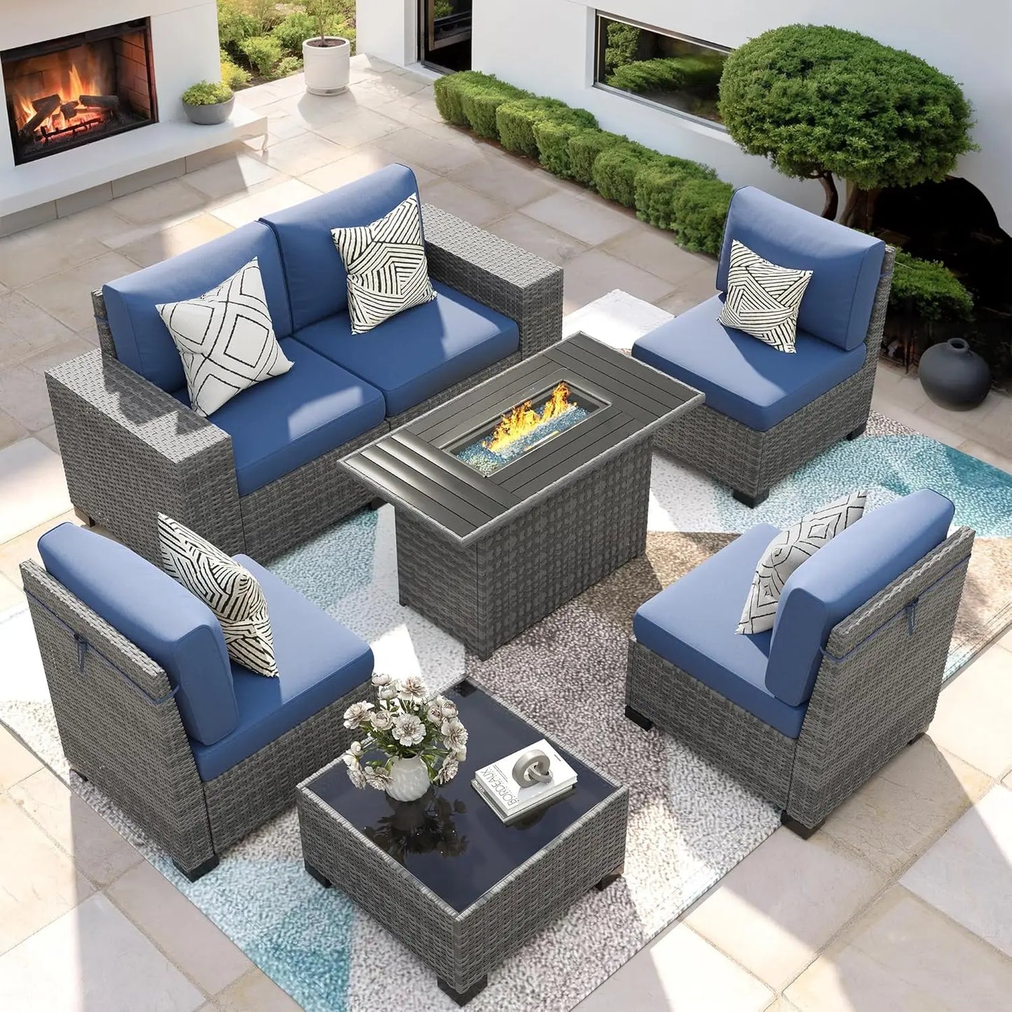 7‑Piece Patio Furniture Set with Fire Pit Table – Wicker Rattan Outdoor Sectional Conversation Set