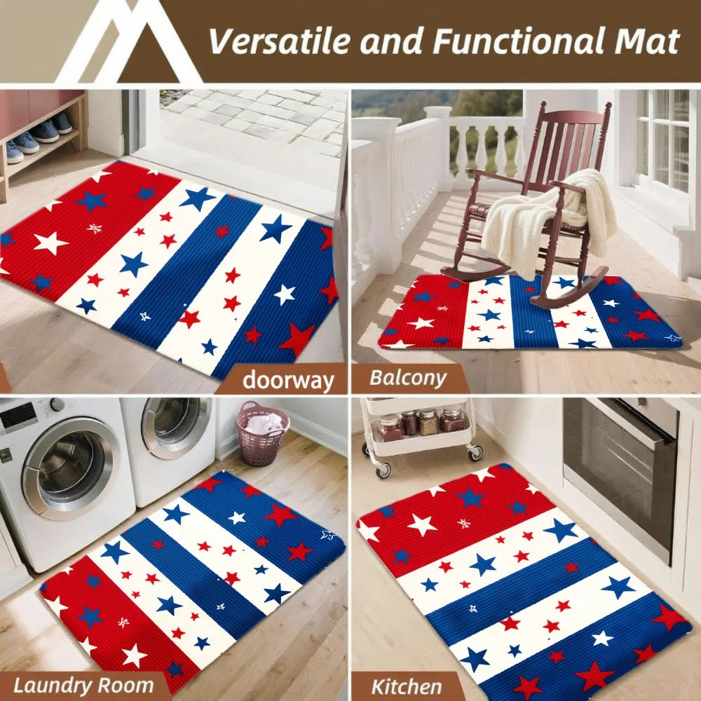Patriotic Red White Blue Stars & Stripes Entrance Mat – Front Door Greeting Rug for Home Decor