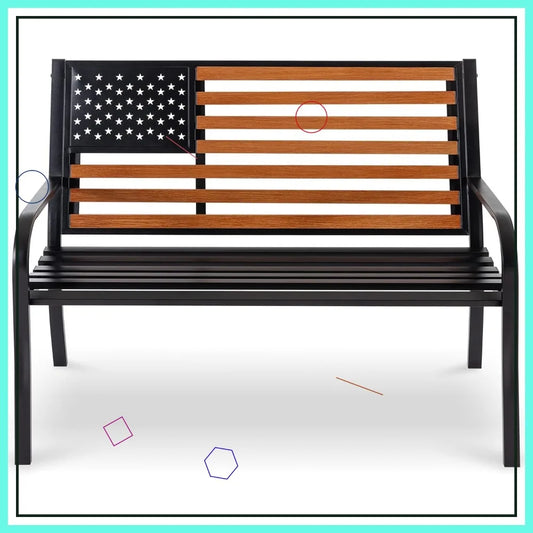 50" Outdoor Garden Bench, Cast Iron Frame, Weatherproof Seat, Classic Americana Backrest, Black & Woodgrain Colors