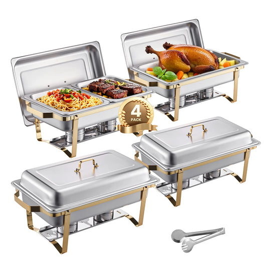 8 Qt Chafing Dish Buffet Set – 4‑Pack Stainless Steel Chafers with 2 Full‑Size & 4 Half‑Size Pans
