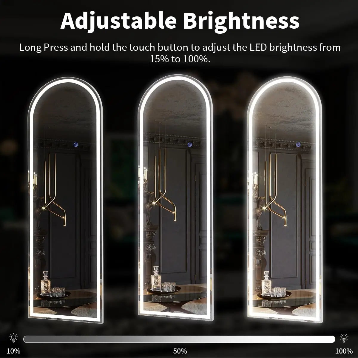 63×20" Arched Full‑Length Mirror with LED Lights – Dimmable & 3‑Color Modes