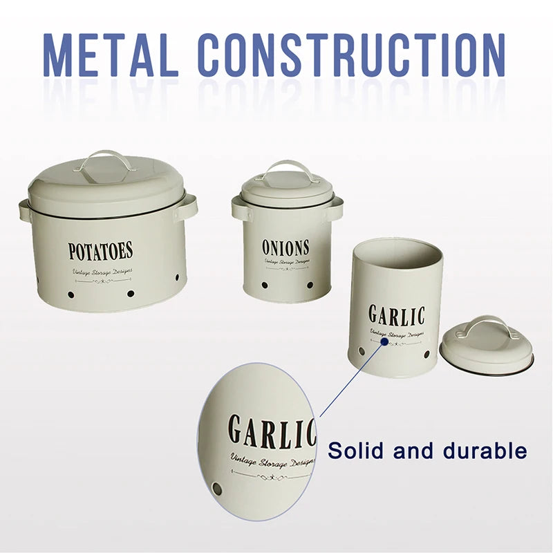 3‑Piece Metal Potato, Onion & Garlic Canister Set – Countertop Storage Containers with Lids
