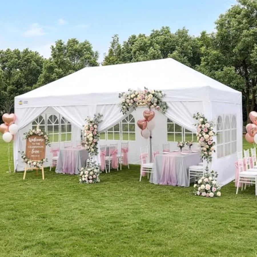 10×20 Commercial Pop‑Up Canopy – White Fabric Tent with 6 Sidewalls & 6 Sandbags for Outdoor Events