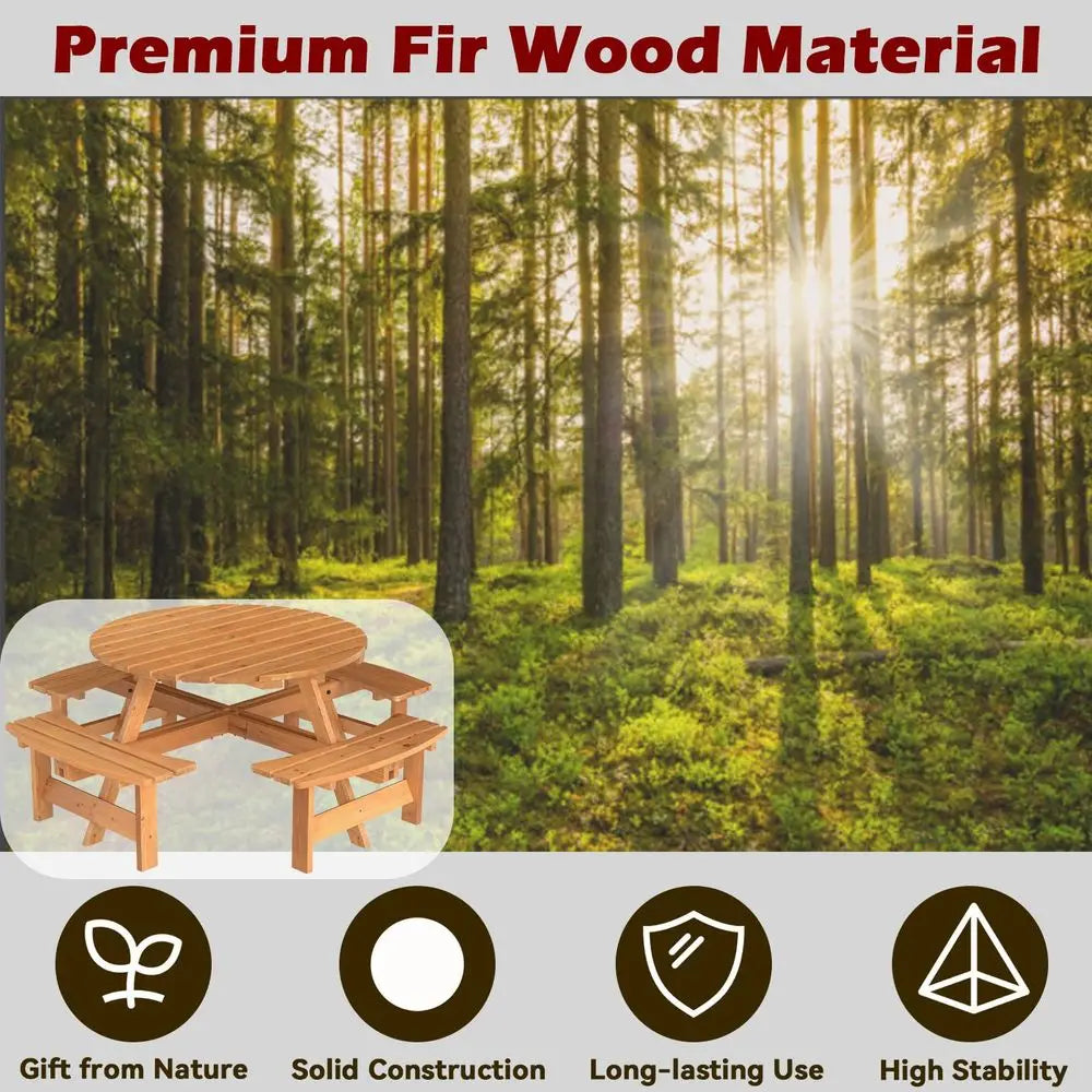 8‑Person Wood Picnic Table – Outdoor Round Table with 4 Built‑In Benches & Umbrella Hole