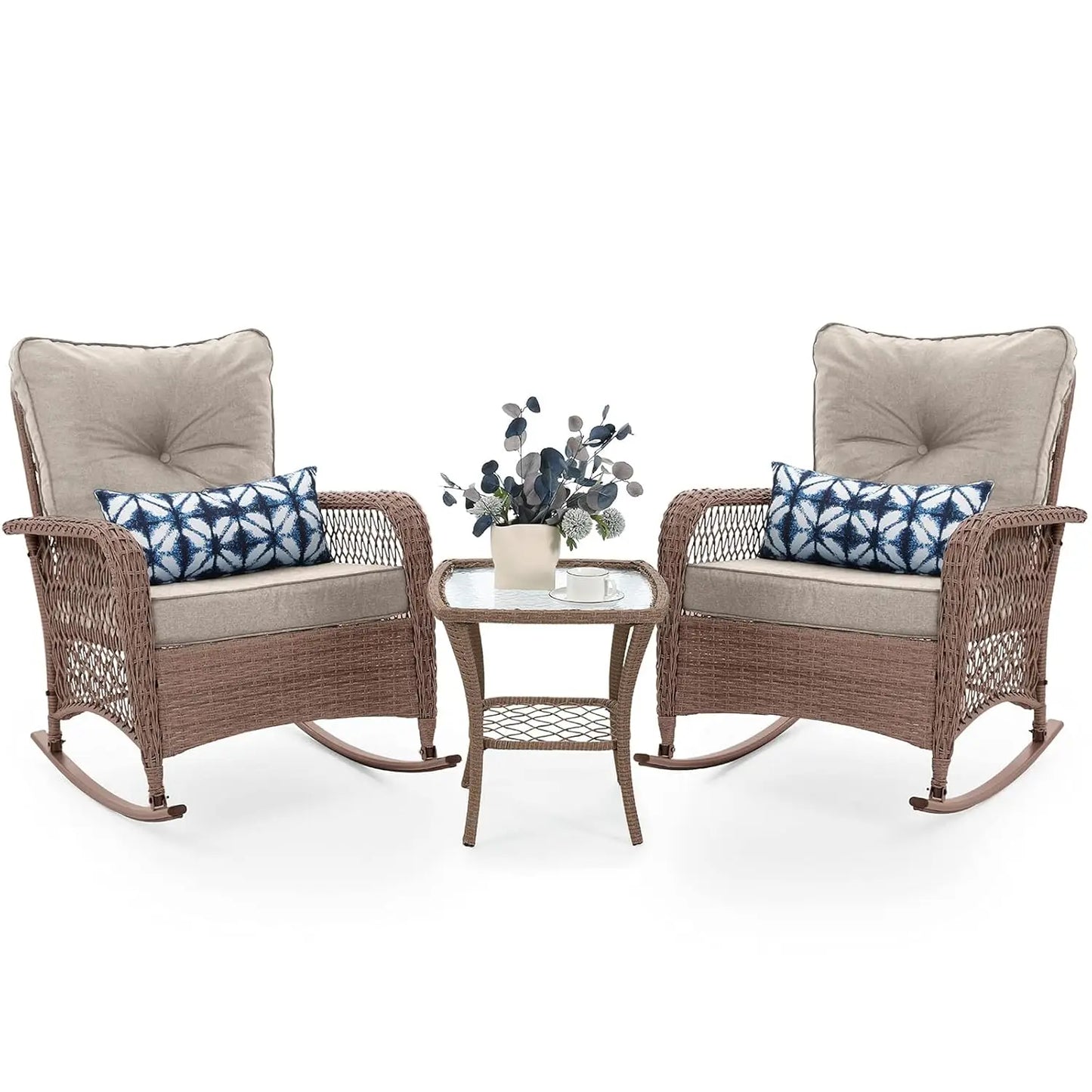 3‑Piece Outdoor Wicker Rocking Set – 4" Thick Cushions & Side Table for Porch, Balcony & Poolside