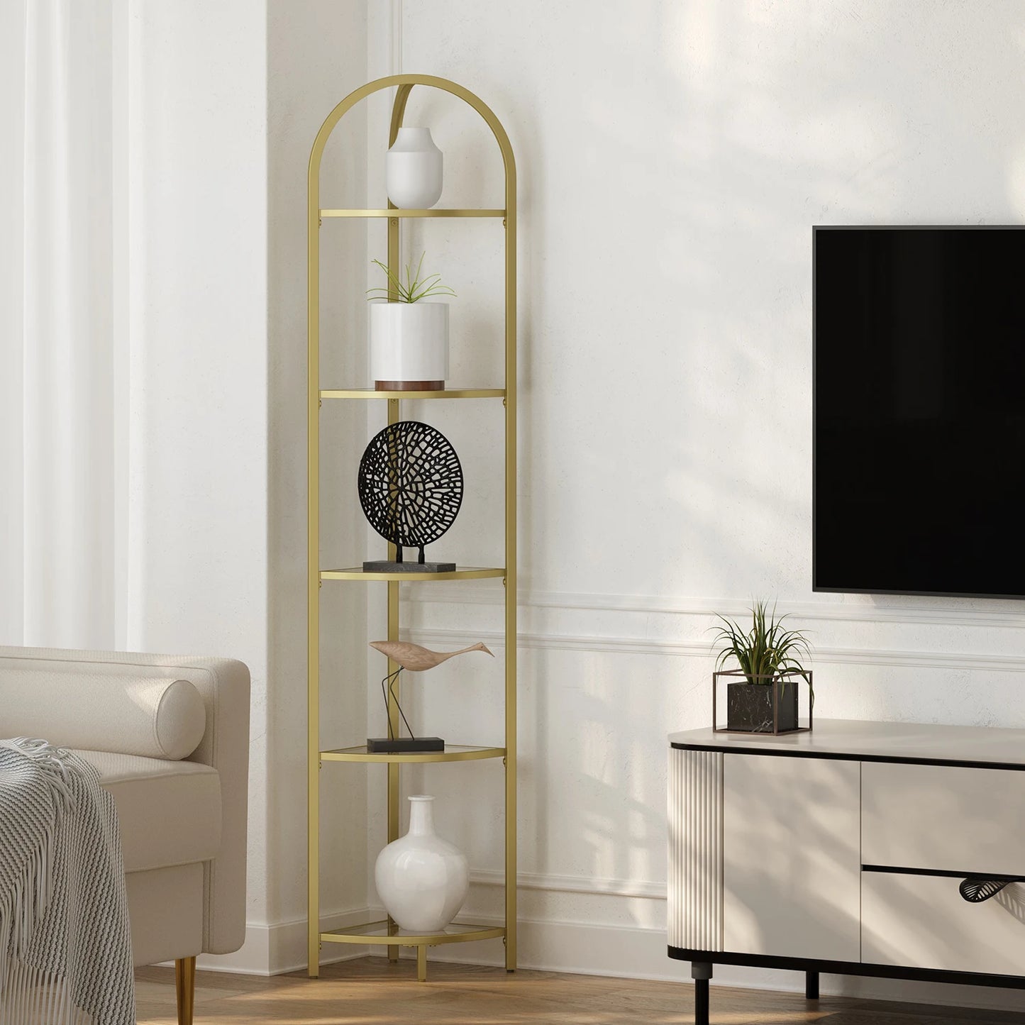 5-Tier Tempered Glass Corner Shelf | Modern Steel Frame Storage & Display Stand