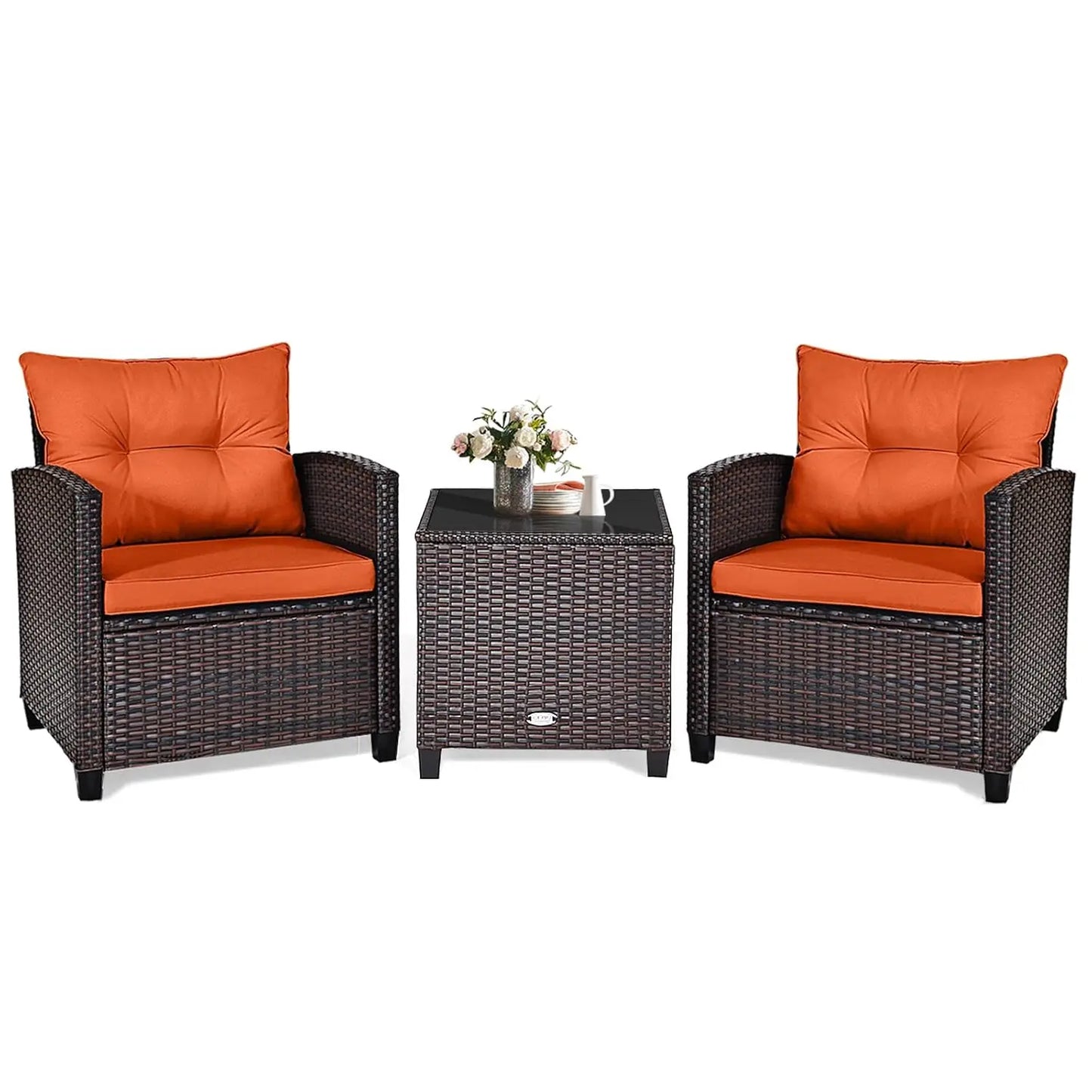 3‑Piece PE Rattan Patio Furniture Set – Outdoor Chairs with Washable Cushions & Tempered Glass Table (Multiple Colors)