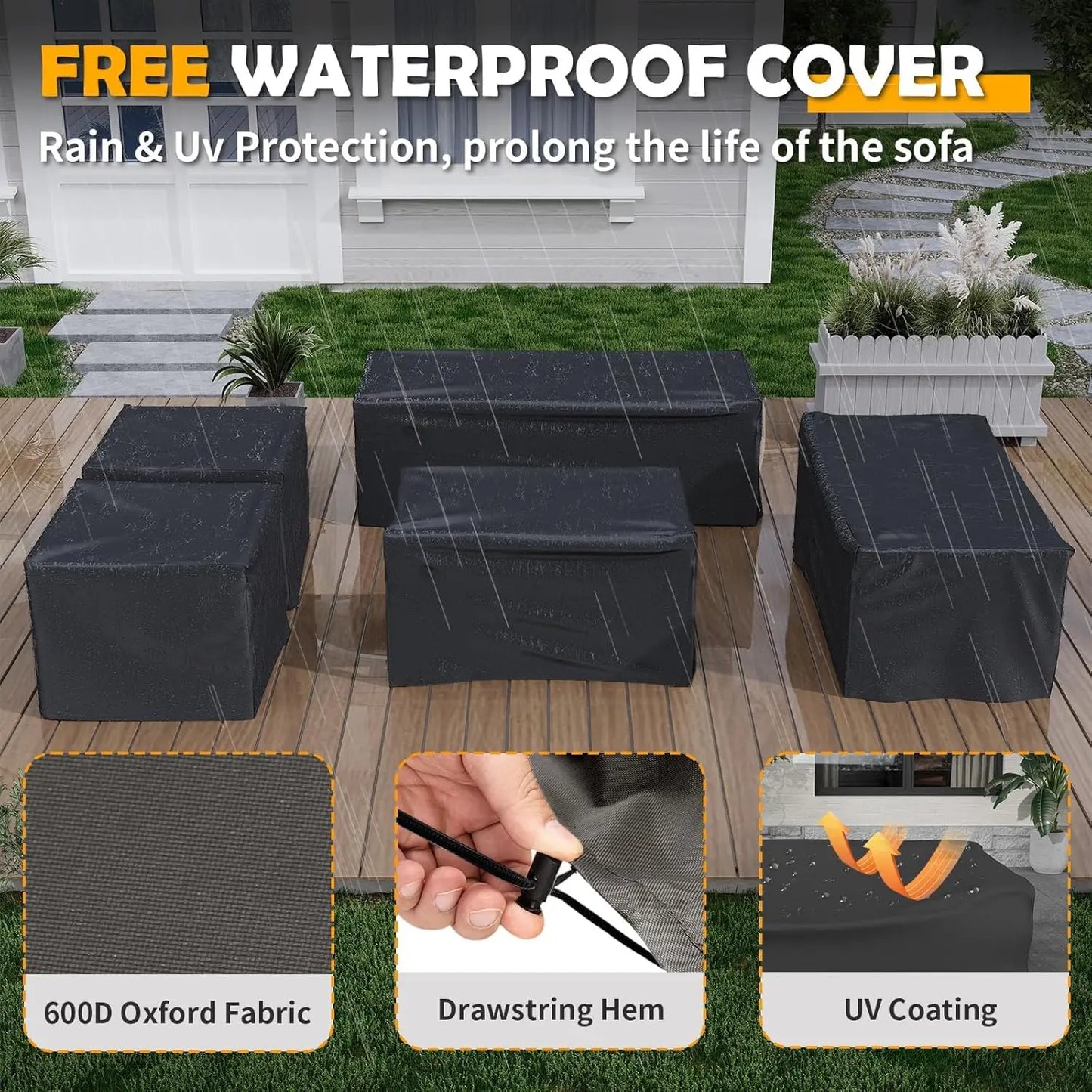 8‑Piece Aluminum Patio Sofa Set with Fire Pit – 6" Cushions, Waterproof Cover, Dark Grey