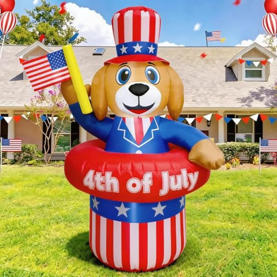 5FT Patriotic Puppy Inflatable – 4th of July Blow‑Up Decoration with Hat & Waving USA Flag