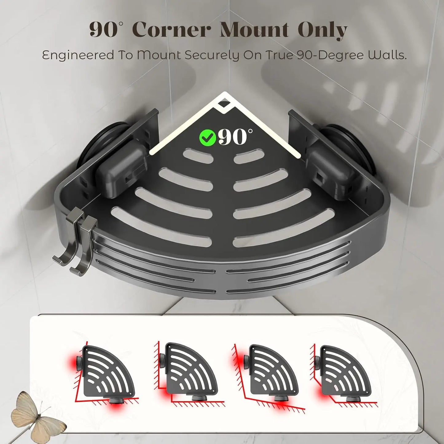 No Drill Suction Corner Bathroom Wall Mount Organizer, Instant Stick & Use, for Shower