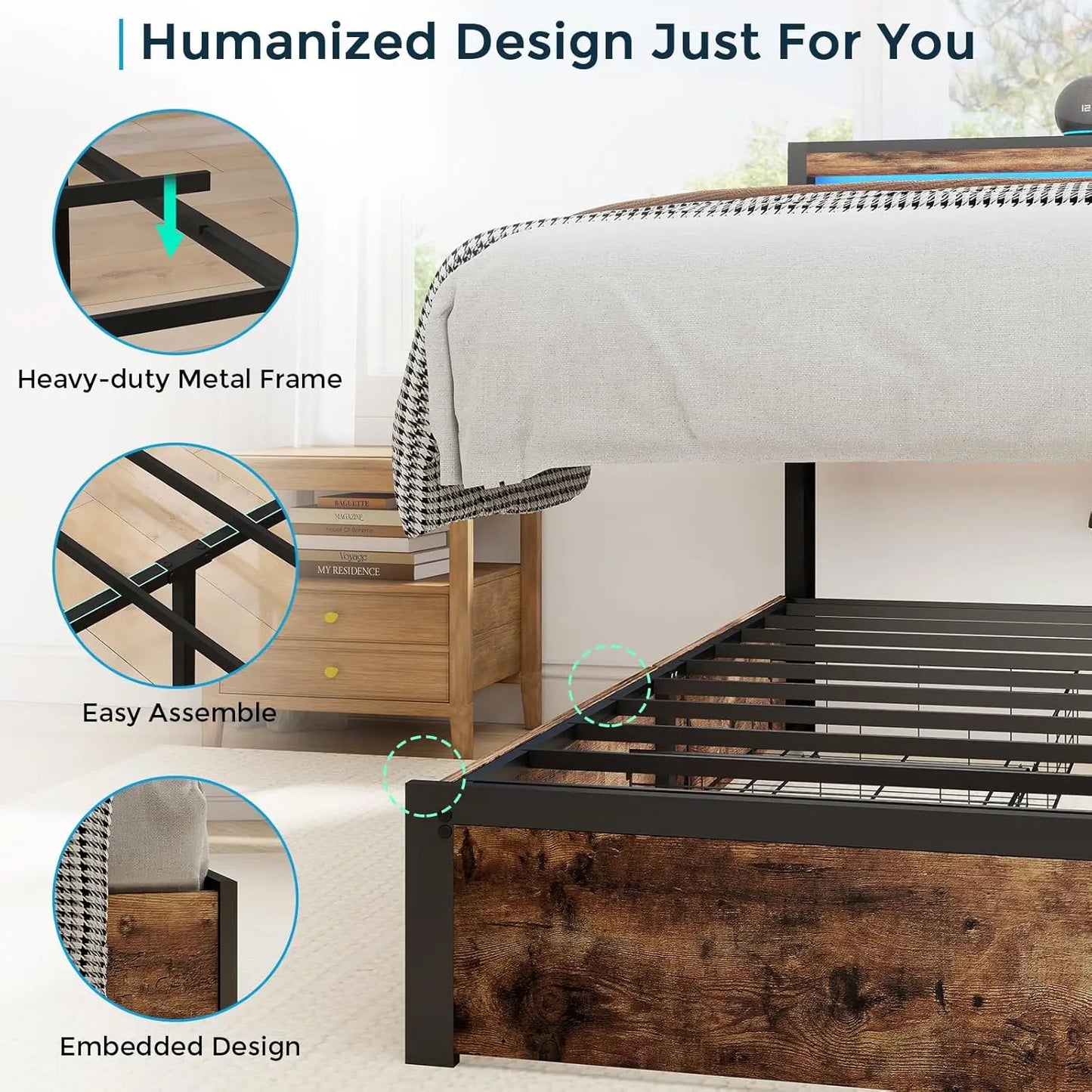 Queen Bed Frame with Storage Headboard and 4 Drawers, Metal Platform