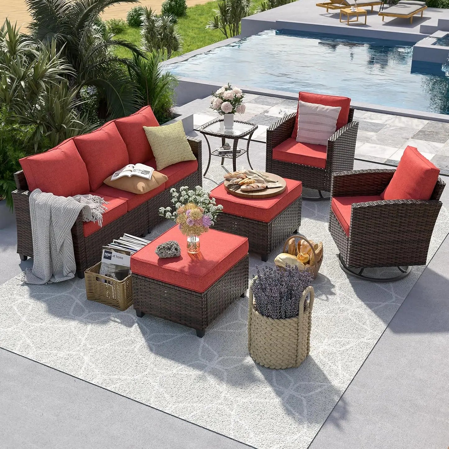 6‑Piece Gray PE Rattan Sectional Sofa Set – Swivel Chair, Side Table & 4" Cushions for Patio/Garden