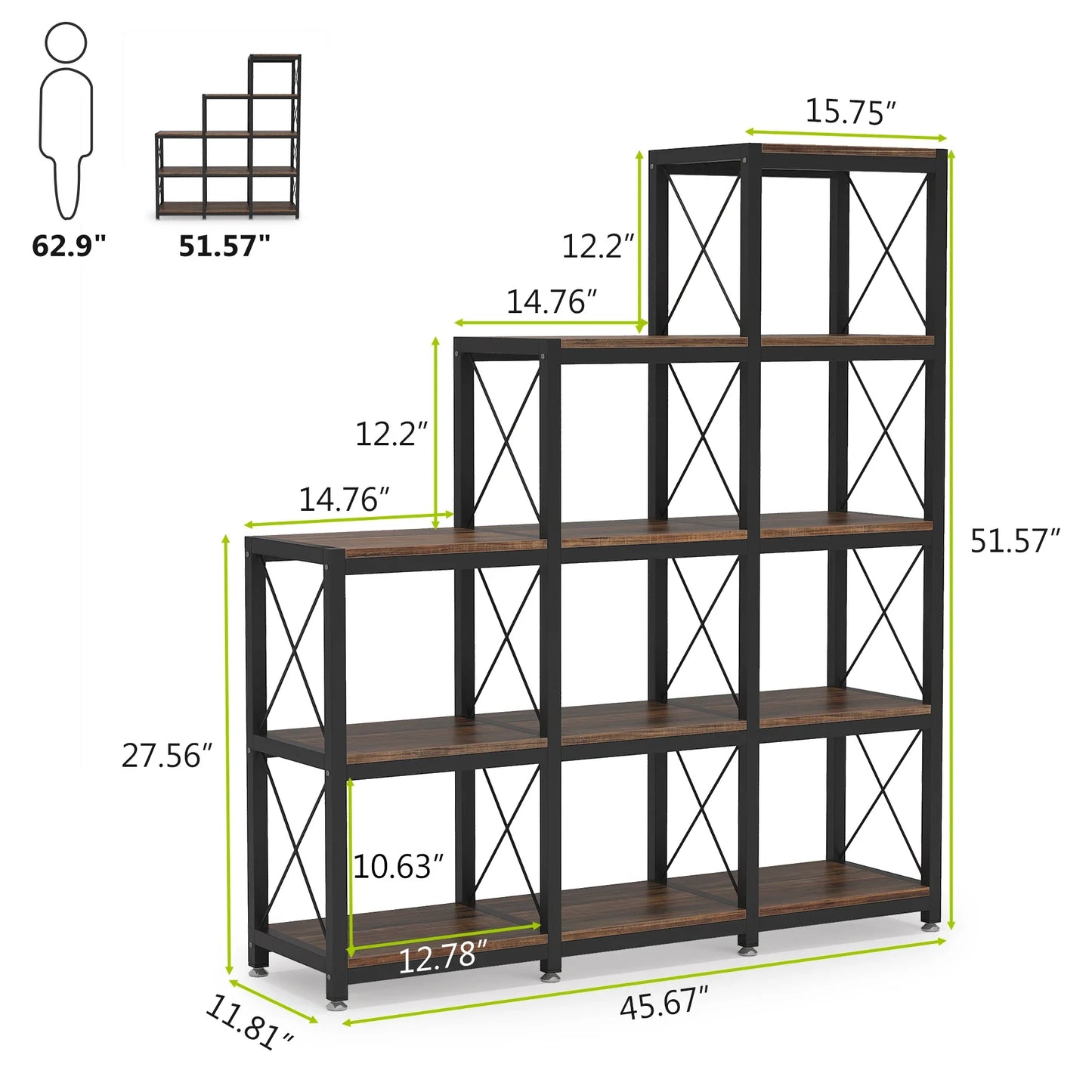 9-Cube Stepped Etagere Bookshelf | 12-Shelf Industrial Ladder Bookcase
