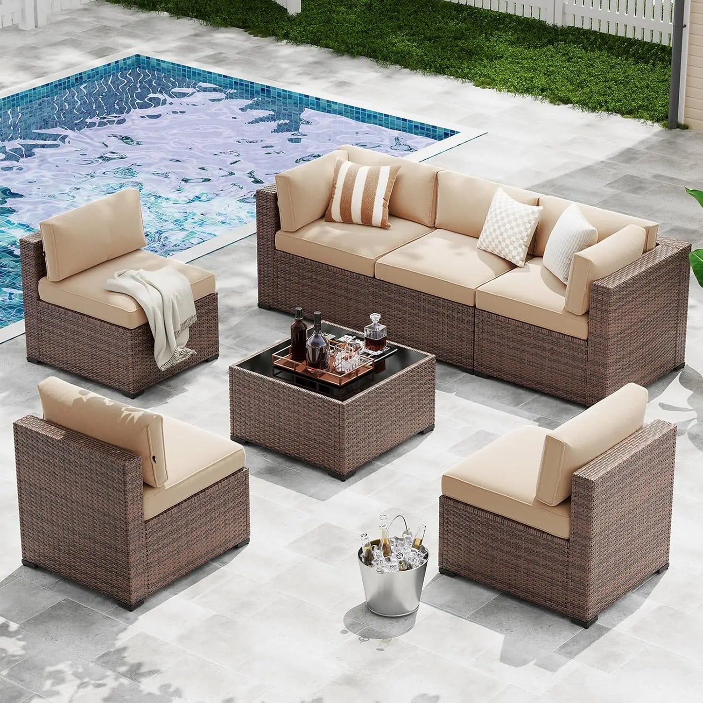 7‑Piece Patio Furniture Set – Wicker Rattan Outdoor Conversation Set with Thick Cushions
